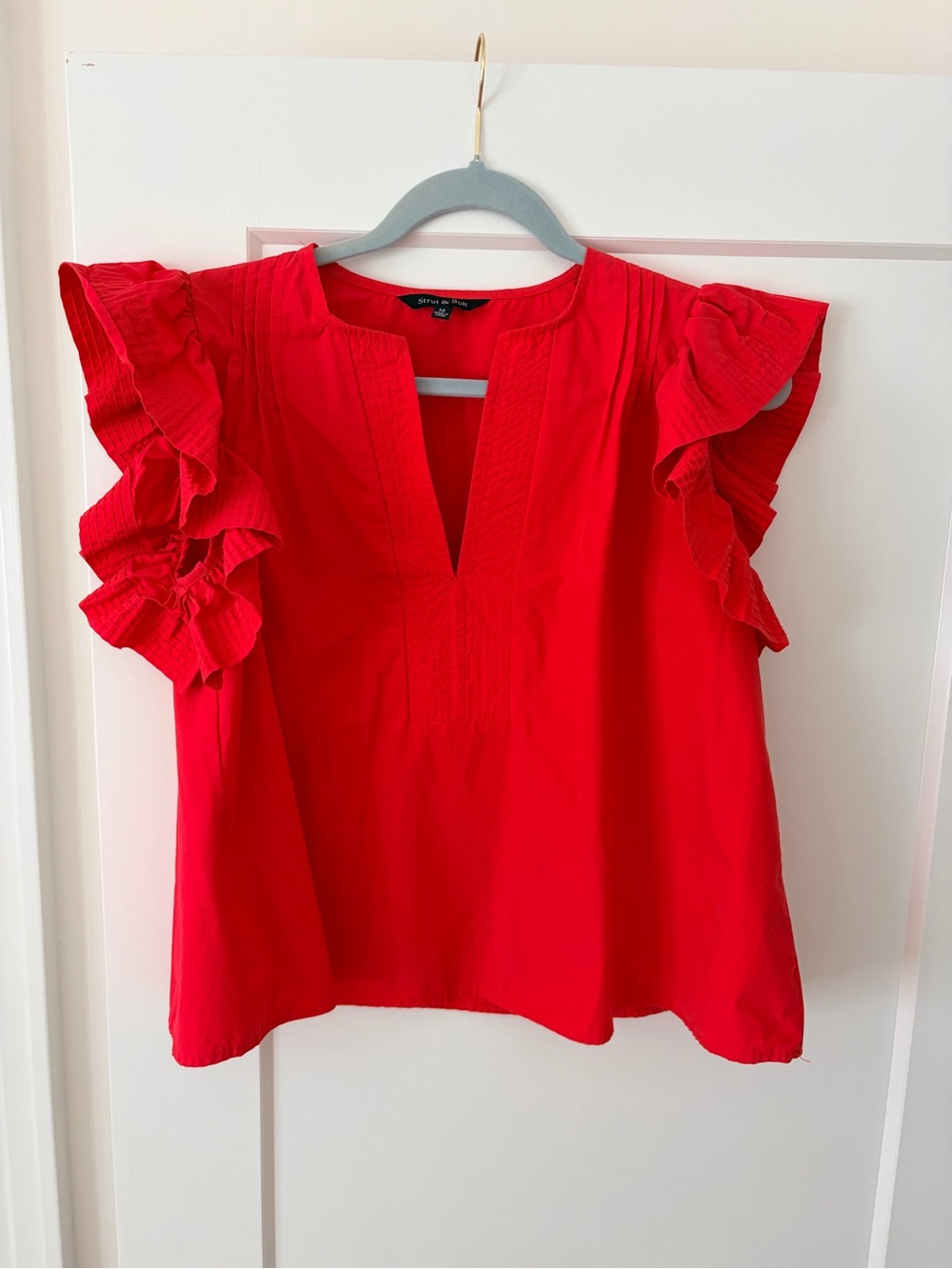 Ruffle-Sleeve Vibrant Red Split-Neck Blouse